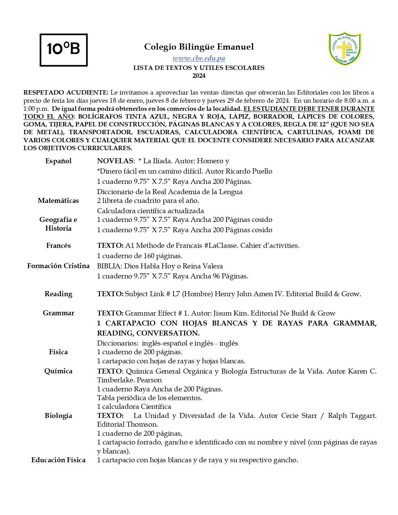 Listas de útiles escolares y textos para el año escolar 2024 - Colegio  Bilingüe San Viator Tunja
